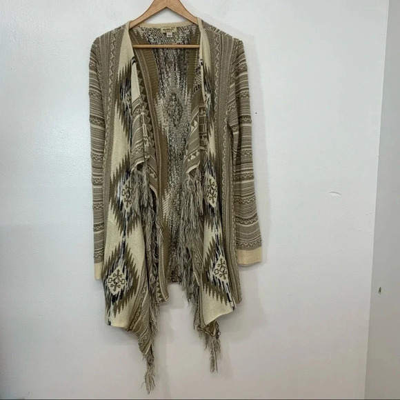 One‎ World Open Cardigan Woman Medium  Southwestern Print Fringe Boho Western - Picture 1 of 12